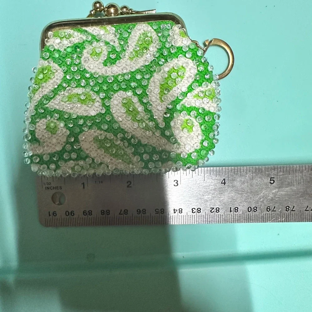Vintage Womens OS Triple Frame Beaded Coin Purse‎ Green Paisley Retro Kitsch